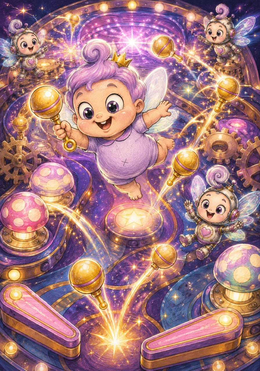 The game speeds up as Poof enters the 'Multi-Ball' zone, creating magical clones of his golden rattle to help him hit targets. The board becomes a dizzying display of lights and motion as he bounces between glowing mushrooms and spinning gears. His eyes wide with excitement, Poof keeps his focus on the high score.