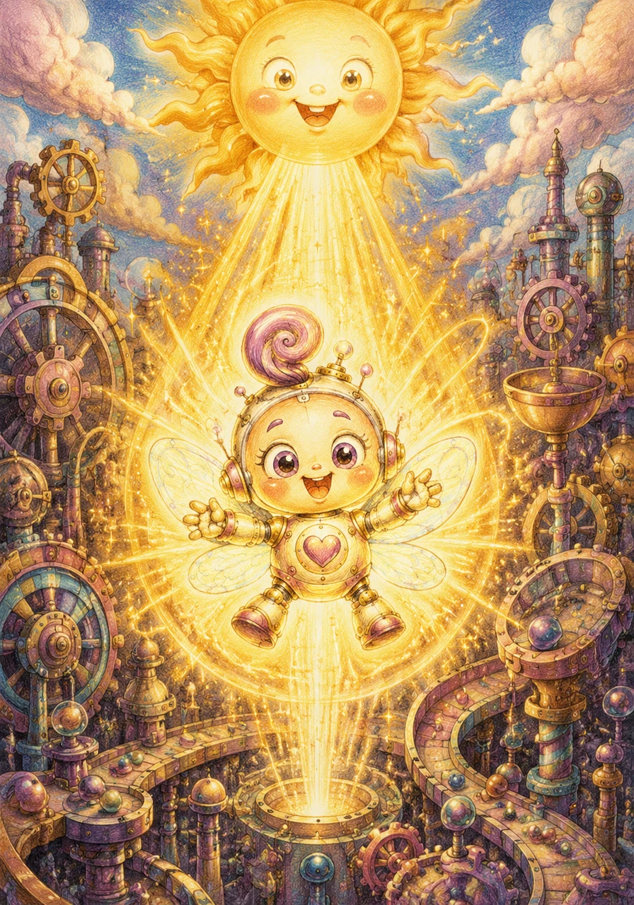 A giant, smiling sun at the top of the machine catches Poof in a warm beam of golden light. This magical power-up turns Poof into a glowing, indestructible star ball for a limited time. He feels stronger and faster than ever, ready to take on the final challenge of the game.