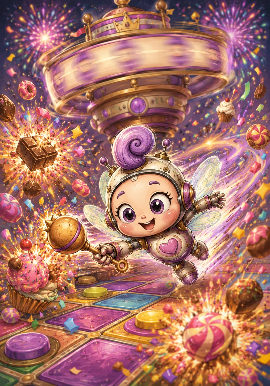 In his powered-up state, Poof zips around the board at incredible speeds, triggering a spectacular display of fireworks. Every target he hits explodes into colorful confetti and sweet treats. The scoreboard at the top begins to spin wildly as the numbers climb higher and higher.