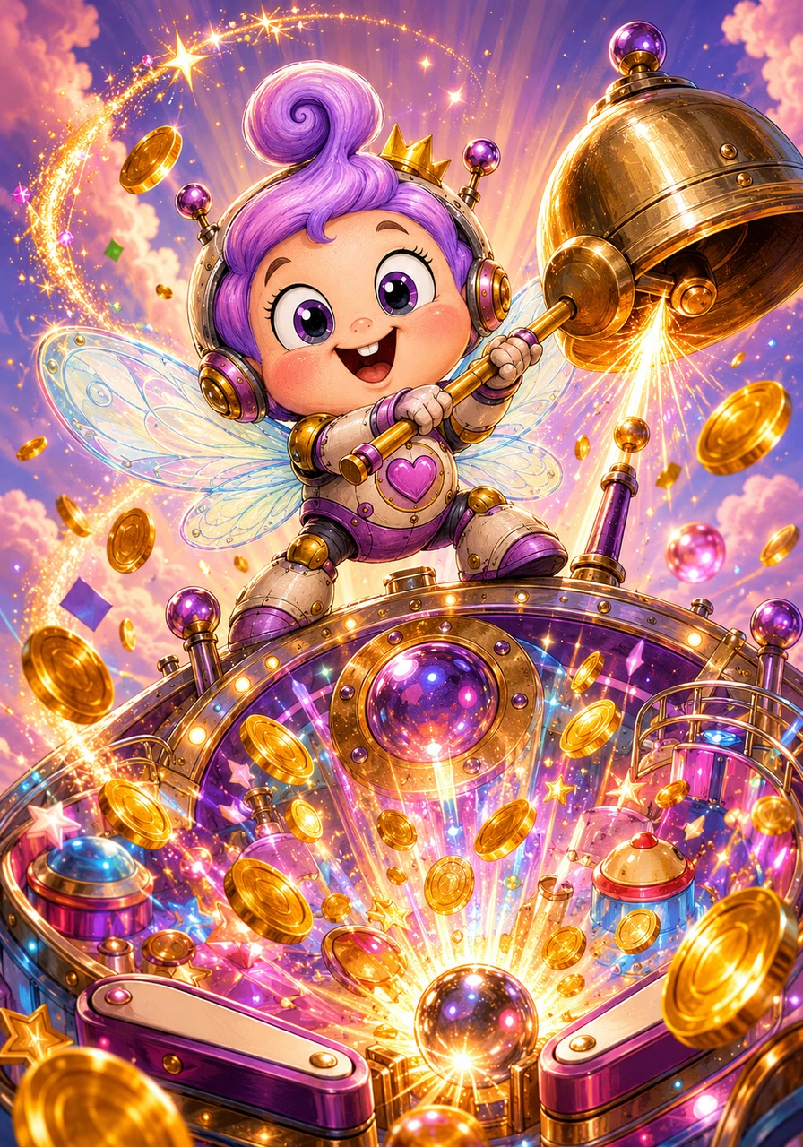 Poof reaches the very top of the machine and strikes the giant 'Jackpot' bell with all his might. A massive wave of magical energy and golden coins erupts from the center of the board. The entire pinball machine glows with a brilliant light, celebrating Poof's incredible victory.