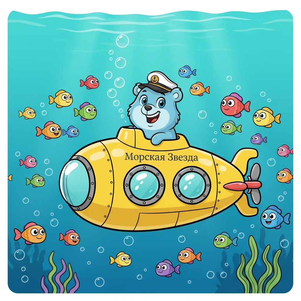 Капитан Осьминожка в своем ярком подводном корабле, «Морской Звезде», скользит сквозь волны. Вокруг него плавают рыбки всех цветов радуги, а водоросли покачиваются в такт течению, создавая веселый подводный пейзаж. Капитан радостно улыбается, его глаза сияют от любопытства. (Image: A cheerful, round Captain Octopie in a sleek, brightly colored yellow submarine with big porthole windows. The submarine is called "Морская Звезда". Bold black outlines, exaggerated proportions. Fish with big eyes and wide smiles swim past. Bubbles float upwards. The ocean is a vibrant turquoise.)