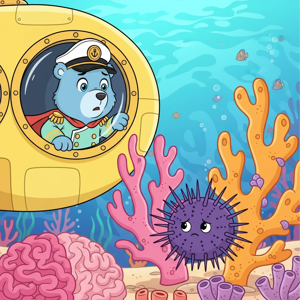 Вдруг Капитан Осьминожка замечает что-то необычное в зарослях кораллов. Это маленький морской ежик, который, кажется, застрял между двумя большими кораллами. Его иголочки слегка опущены, и он выглядит очень грустным и одиноким. (Image: Captain Octopie peeking out of his submarine's porthole, looking concerned. In the foreground, a small, round sea urchin with slightly droopy, soft-looking spines is wedged between two large, colorful coral formations. The urchin's face is simple but clearly shows sadness. The corals are in shades of pink, orange, and purple.)