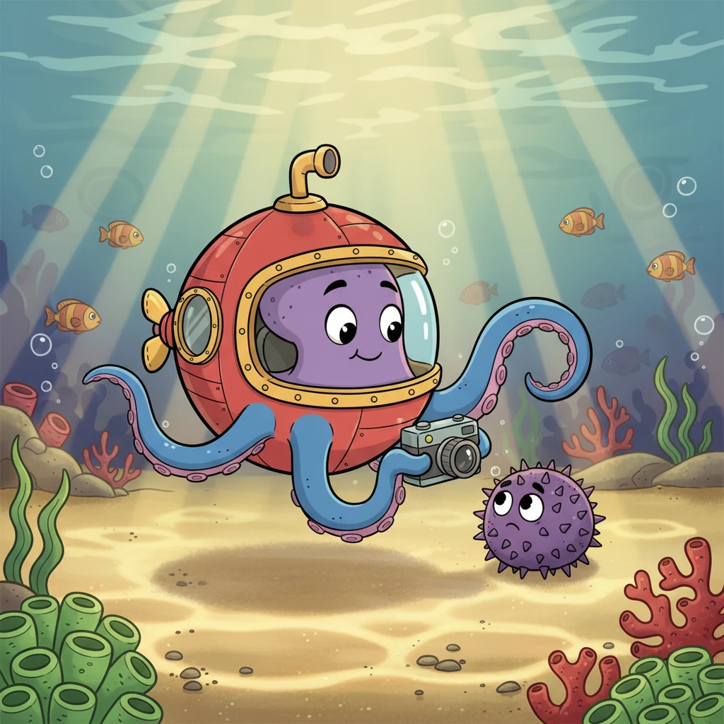 Капитан Осьминожка осторожно подплывает ближе, чтобы рассмотреть, в чем дело. Он вытягивает одну из своих щупалец, оснащенную маленькой камерой, чтобы убедиться, что ежик не испугается. Вода вокруг них переливается мягким светом. (Image: Captain Octopie's submarine is now closer. One of his cartoonishly long, flexible tentacles extends from the submarine, holding a small, friendly-looking camera towards the sea urchin. The urchin looks up with wide, slightly worried eyes. Sunlight filters through the water, creating playful light patterns.)