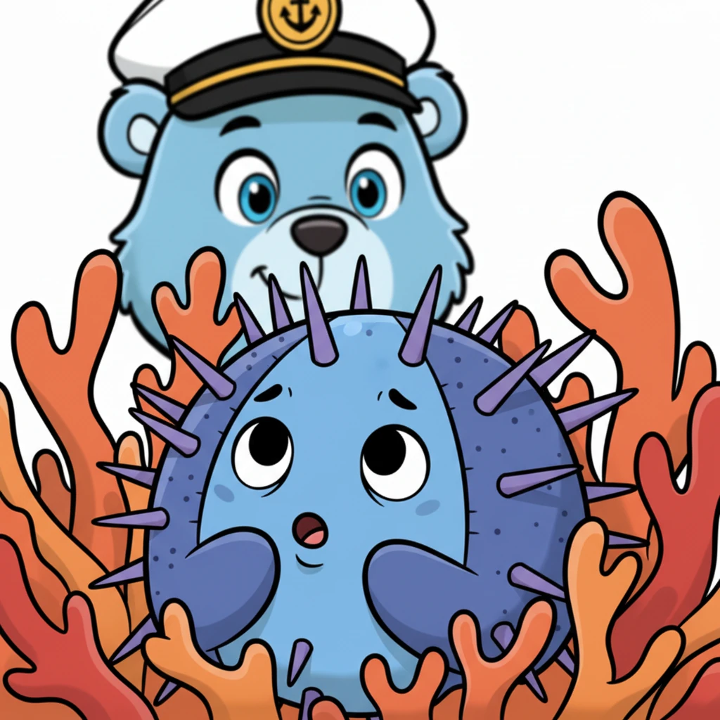 Ежик застенчиво прячет часть своих иголочек, но его маленькие глазки с надеждой смотрят на Капитана. Он пытается пошевелиться, но только еще больше запутывается. Капитан Осьминожка понимает, что ежику нужна его помощь. (Image: Close-up of the sea urchin's face, showing a shy but hopeful expression. Its simplified spines are slightly retracted. Captain Octopie's friendly face is visible in the background, looking compassionate. The coral around the urchin looks a bit constricting.)