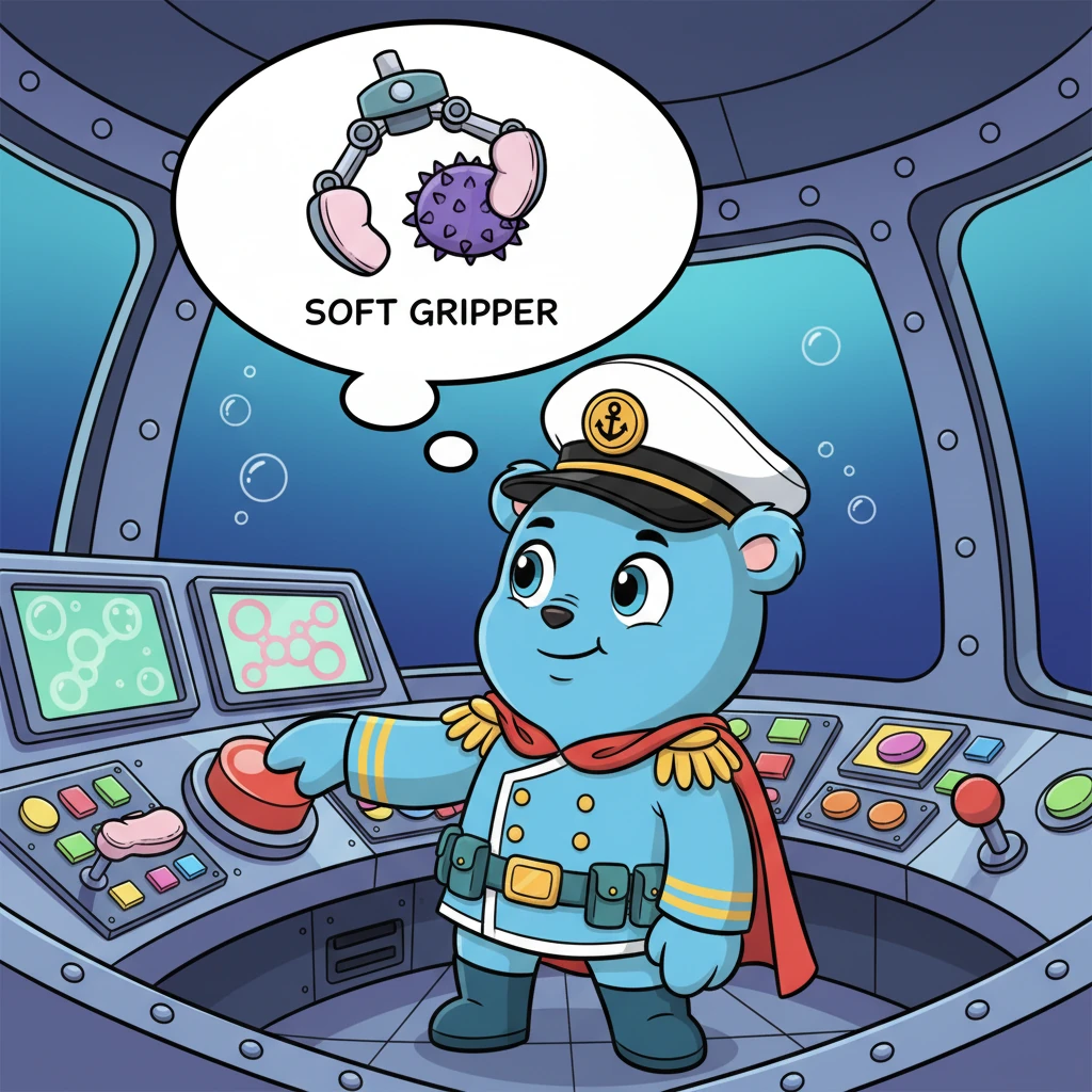 Капитан Осьминожка быстро продумывает план спасения. Он решает использовать свой специальный «Мягкий Захват», чтобы аккуратно вытащить ежика, не повредив его нежные иголочки. У него на лице решительное, но доброе выражение. (Image: Captain Octopie inside his submarine, pressing a large, colorful button on a control panel. He has a determined, yet gentle, expression. A thought bubble above his head shows a cartoon rendering of his "Мягкий Захват" (Soft Gripper) tool. The submarine's interior is full of whimsical buttons and screens.)