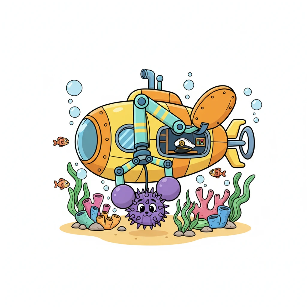 Из люка подводного корабля появляется длинная, гибкая клешня с мягкими, резиновыми наконечниками. Она очень осторожно обхватывает морского ежика, медленно и аккуратно вытаскивая его из ловушки. Ежик чувствует, как напряжение спадает. (Image: The "Мягкий Захват" (Soft Gripper), a cartoonishly extendable arm with large, soft, brightly colored rubber tips, gently cradles the sea urchin. The gripper is slowly pulling the urchin free from the coral. The urchin's expression is one of relief.)