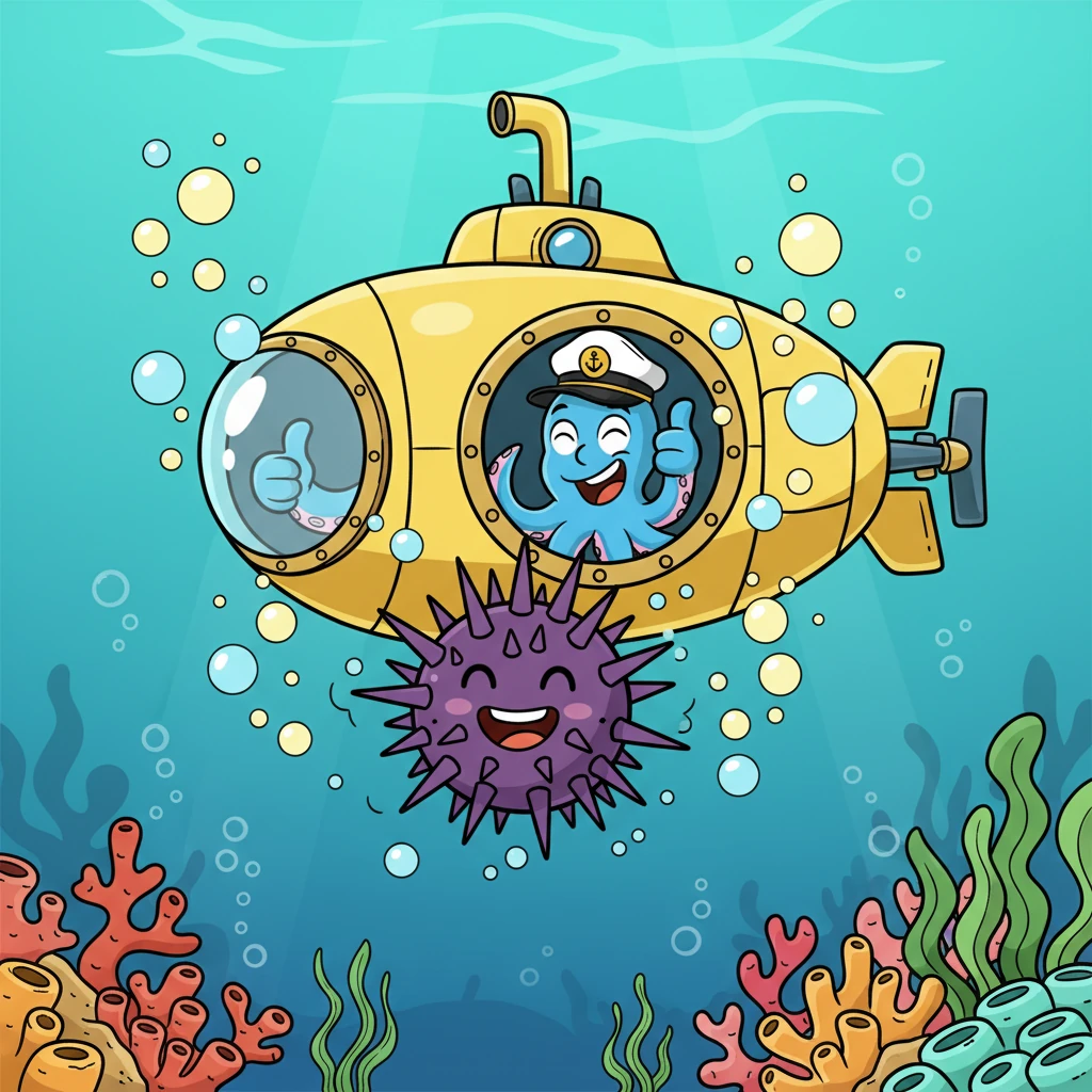Ура! Ежик на свободе! Он весело покачивает своими иголочками и кружится в воде, выражая свою радость. Его маленькие глазки сияют, а на лице появляется широкая, счастливая улыбка. (Image: The sea urchin is now floating freely, its spines playfully wiggling. It has a big, happy, cartoon smile. Captain Octopie's face in the submarine's porthole is beaming with pride and joy, giving a thumbs-up with one of his tentacles. Bright, celebratory bubbles fill the scene.)