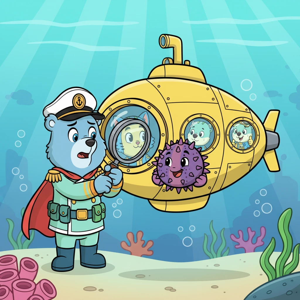 Капитан Осьминожка подплывает еще ближе, чтобы убедиться, что ежик в полном порядке и не получил никаких царапин. Он осматривает его со всех сторон, кивая своим большим головой, довольный результатом. (Image: Captain Octopie's submarine is right next to the sea urchin. Captain Octopie is looking closely at the urchin through the porthole, with a magnifying glass held by one of his tentacles. The urchin looks healthy and happy, presenting itself for inspection.)