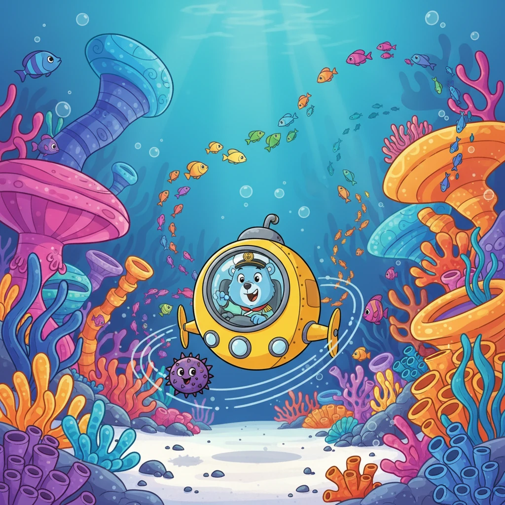 В знак благодарности, ежик начинает весело кружить вокруг Капитана Осьминожки, а затем ведет его к потрясающему, невидимому ранее коралловому саду. Там расцветают самые удивительные и яркие цветы, а рыбки танцуют вокруг. (Image: The happy sea urchin is leading Captain Octopie's submarine towards a magnificent, vibrant coral garden. The garden is bursting with exaggerated, colorful coral shapes and glowing anemones. Fish are playfully swimming in intricate patterns. Captain Octopie looks amazed and delighted.)