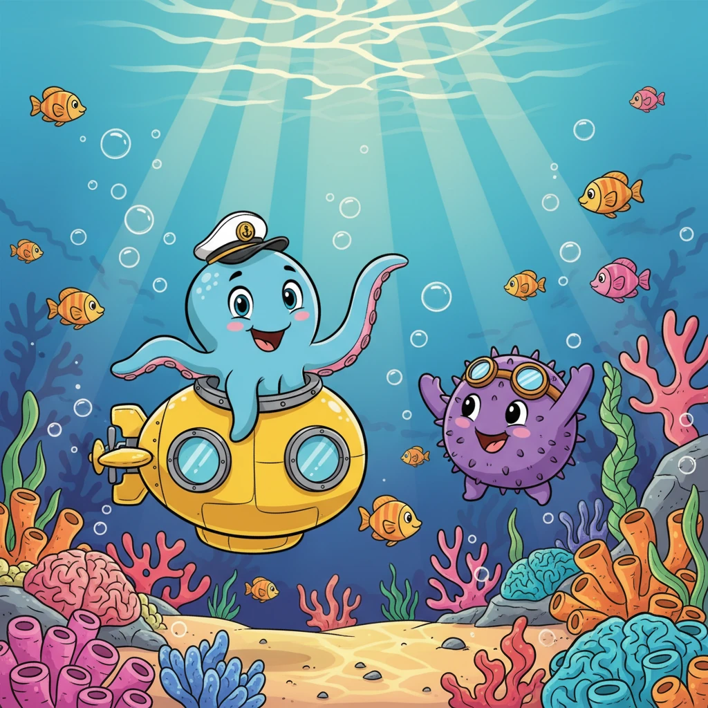 Капитан Осьминожка прощается со своим новым другом, обещая навестить его снова. Он машет щупальцем на прощание, а ежик машет в ответ одной из своих иголочек. Океан кажется еще более прекрасным после этого доброго дела. (Image: Captain Octopie waving goodbye from his submarine with a cheerful tentacle. The sea urchin is waving back with one of its spines, surrounded by the beautiful coral garden. Both characters have big, happy smiles. The scene is filled with warmth and friendship, with sunlight streaming down.)