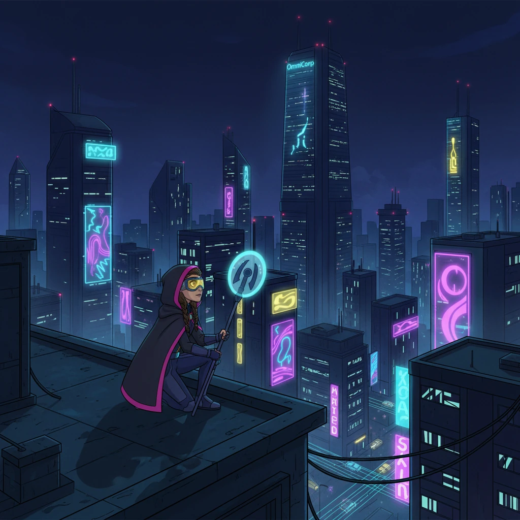 The sprawling metropolis of Neo-Kyoto pulsed with a dazzling, dangerous light. Towering skyscrapers, adorned with holographic advertisements, pierced a perpetually dark sky, casting long shadows over the labyrinthine streets below. Kaelen, a lone figure cloaked in shadows, gazed upon the city's glittering, oppressive beauty from a high vantage point, the omnipresent OmniCorp spire dominating the skyline with its cold, blue glow.