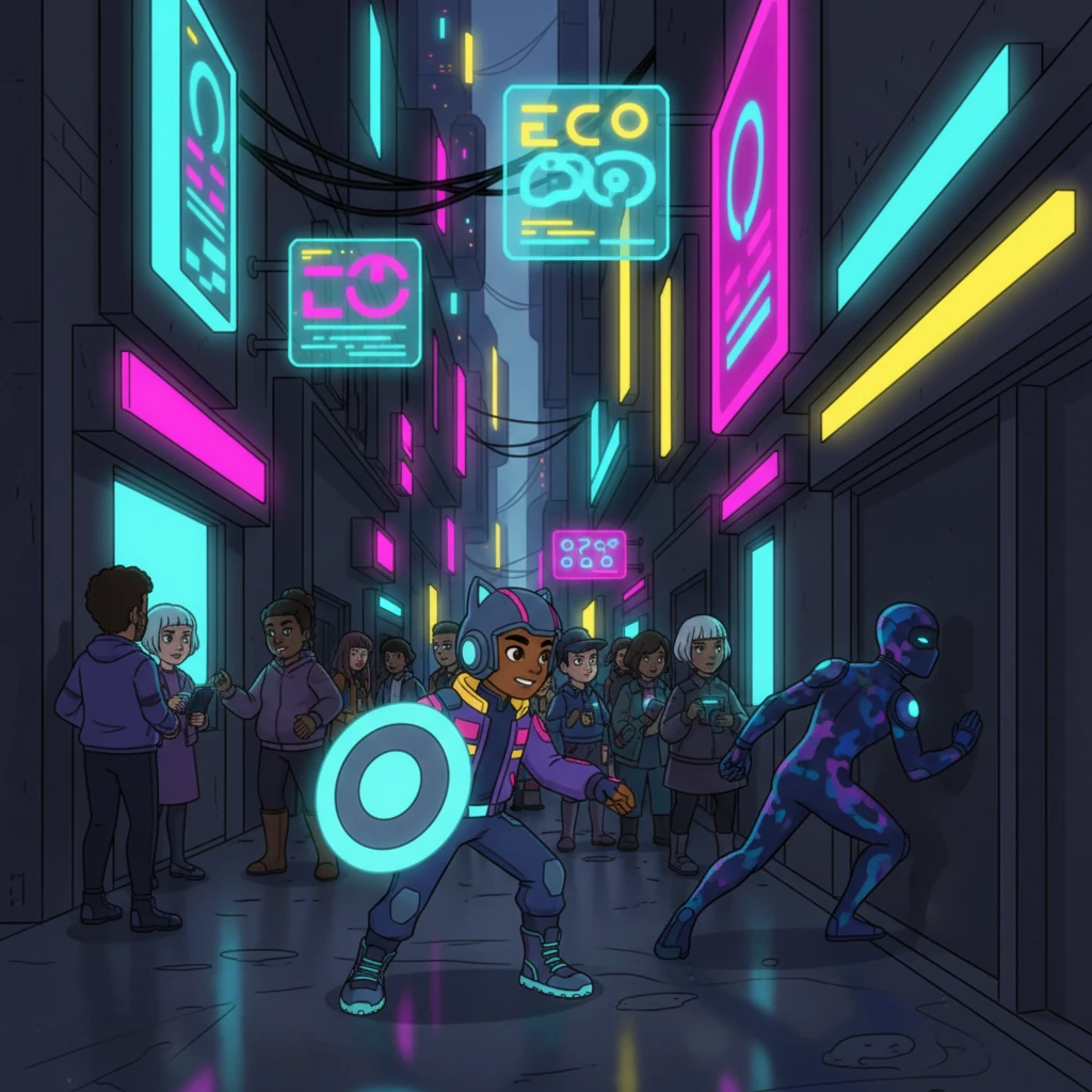 Kaelen navigated the chaotic, neon-lit alleyways of the Undercity market, the air thick with digital chatter and the scent of synth-spice. There, amidst holographic vendors and bustling cyber-merchants, they found Echo, a stealth operative whose chameleon-skin suit shimmered with shifting blues and purples, blending seamlessly into the dynamic environment.