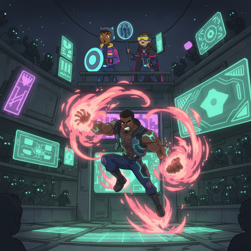Next, Kaelen and Echo descended into a roaring, underground combat arena, its grimy walls illuminated by flickering electric greens and searing pinks. Ignis, a formidable street fighter with cybernetic enhancements and a volatile pyrokinetic ability, unleashed bursts of fiery energy, dominating the ring with a raw, untamed power.