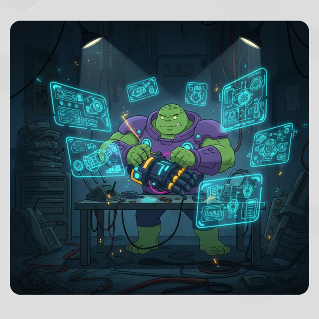 Their search led them to a cluttered, dimly lit workshop, overflowing with intricate holographic schematics and sparking wires. Atlas, a brilliant but reclusive tech-engineer, surrounded by floating digital blueprints, meticulously assembled a colossal power gauntlet, his metallic limbs gleaming under the workshop's harsh light.