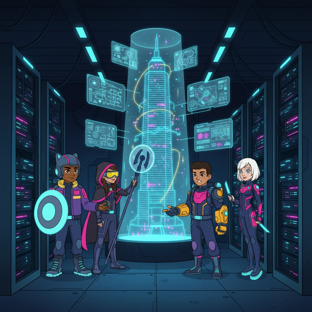The newly assembled team gathered in Kaelen's hidden base, a clandestine server farm humming with the quiet thrum of advanced processors. Holographic projections of OmniCorp's impenetrable tower floated in the center of the room, outlining their daring plan to infiltrate the corporation's central data core and neutralize the virus.