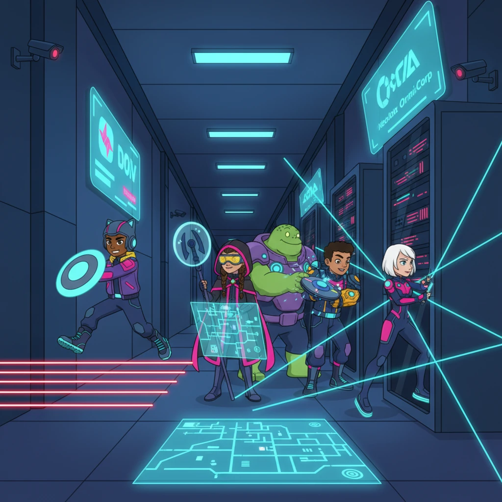 Under the cover of Neo-Kyoto's perpetual night, the Neon Vanguard began their infiltration of OmniCorp Tower. They moved through laser grids and past patrolling drones, the tower's sleek, angular corridors bathed in an eerie, cold blue light. Digital interfaces pulsed around them, a constant reminder of the corporate giant's surveillance.