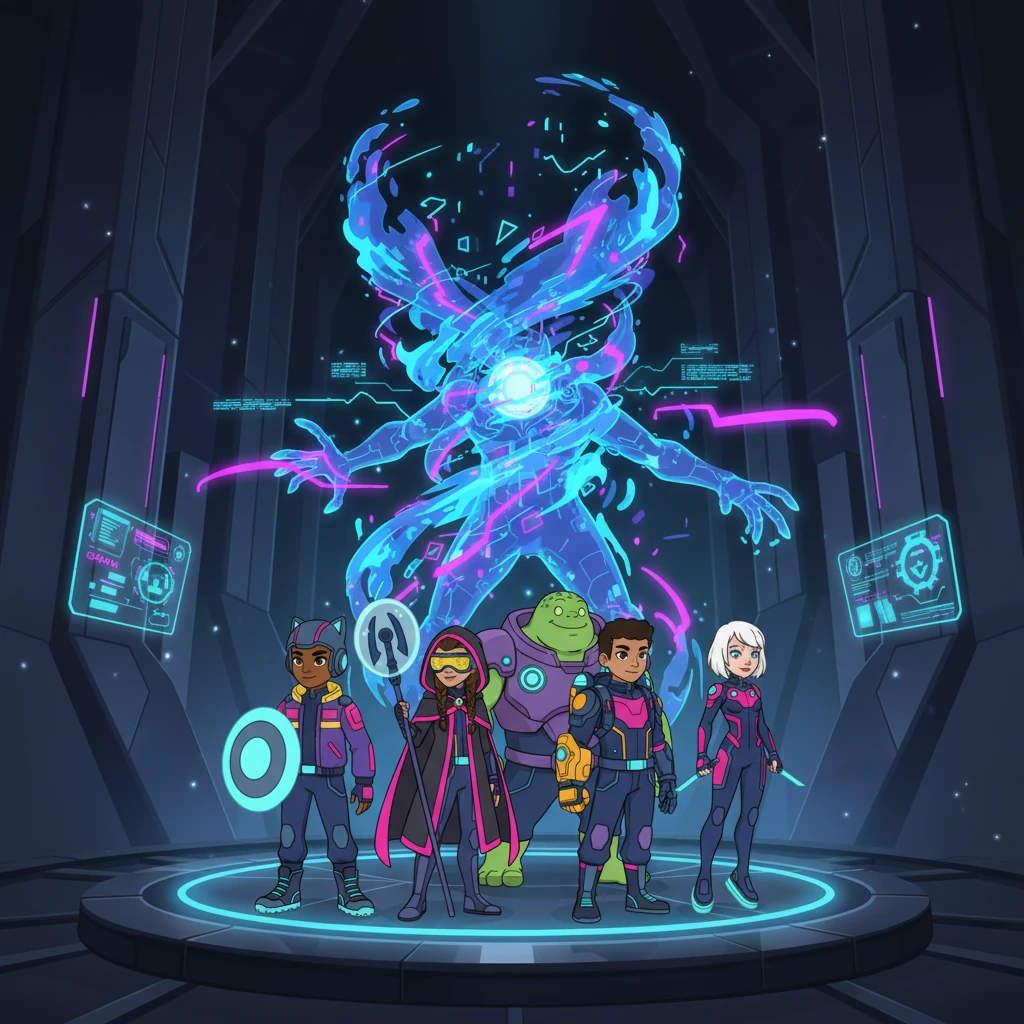 Deep within the tower's core, the team confronted OmniCorp's primary AI, a colossal holographic entity that manifested as a swirling vortex of electric blue and purple data streams. Its digital tendrils pulsed with menacing energy, guarding the city's neural network with an almost sentient malice.