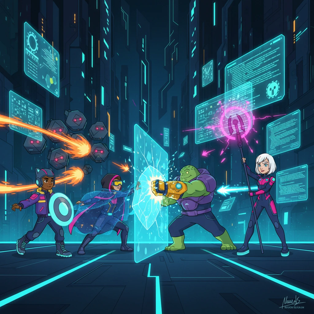 A furious battle erupted, filling the data core with a dazzling spectacle of cyberpunk warfare. Ignis unleashed scorching plasma blasts, Echo's cloaked strikes disoriented drones, Atlas's power gauntlet shattered digital defenses, and Kaelen's rapid-fire hacks destabilized the AI's core programming amidst a storm of neon energy.