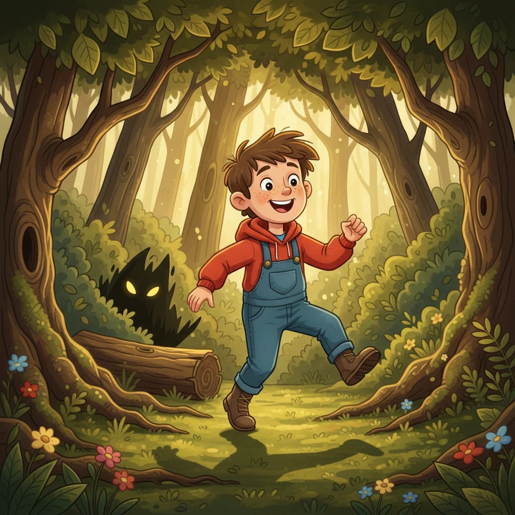 Shivaz, a curious boy with a bright spirit, skipped through the Whispering Woods, eager to explore its secrets. Sunlight dappled through the leaves, casting dancing shadows on the forest floor. He hummed a cheerful tune, unaware of the lurking danger that awaited him.