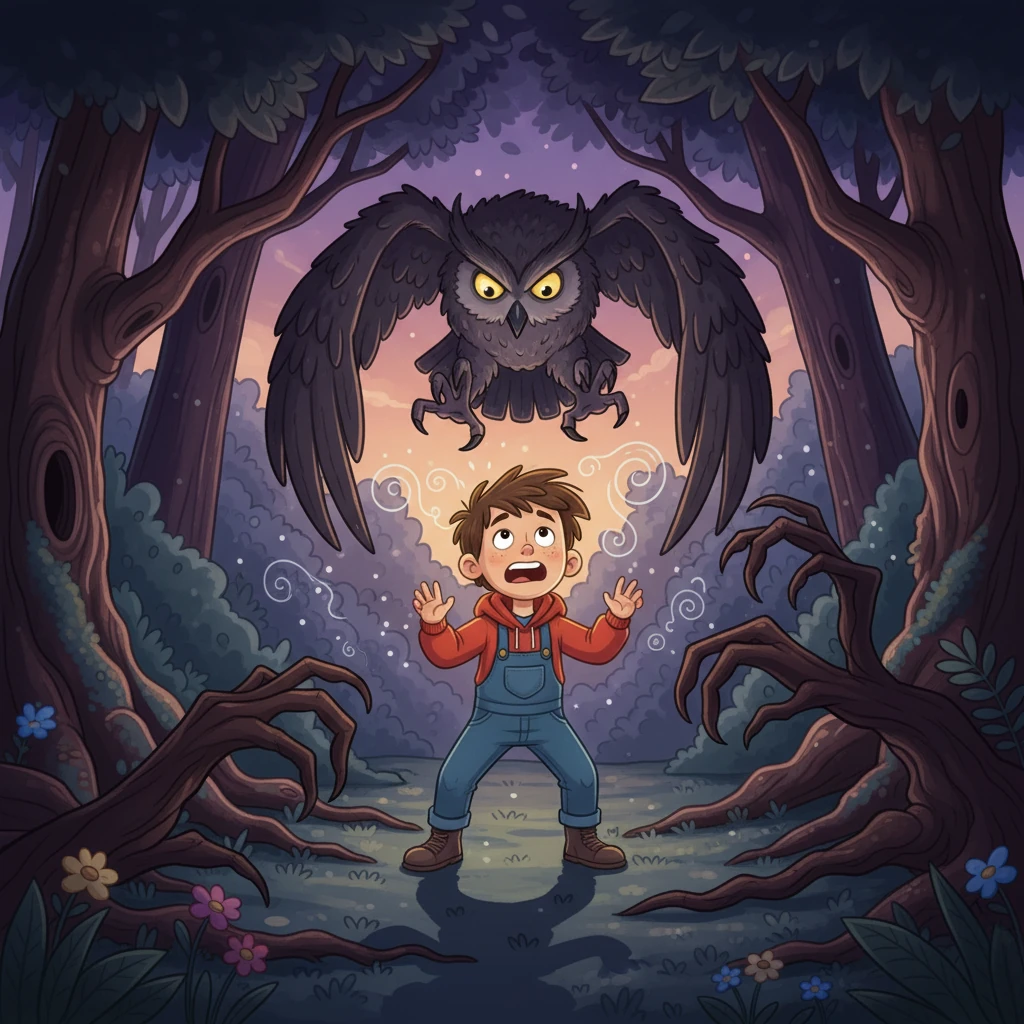 As twilight crept into the woods, strange whispers echoed around Shivaz. The trees seemed to lean in, their branches twisting into eerie shapes. Suddenly, a monstrous Owl, with glowing eyes and razor-sharp talons, swooped down from the branches, its shadow engulfing him.