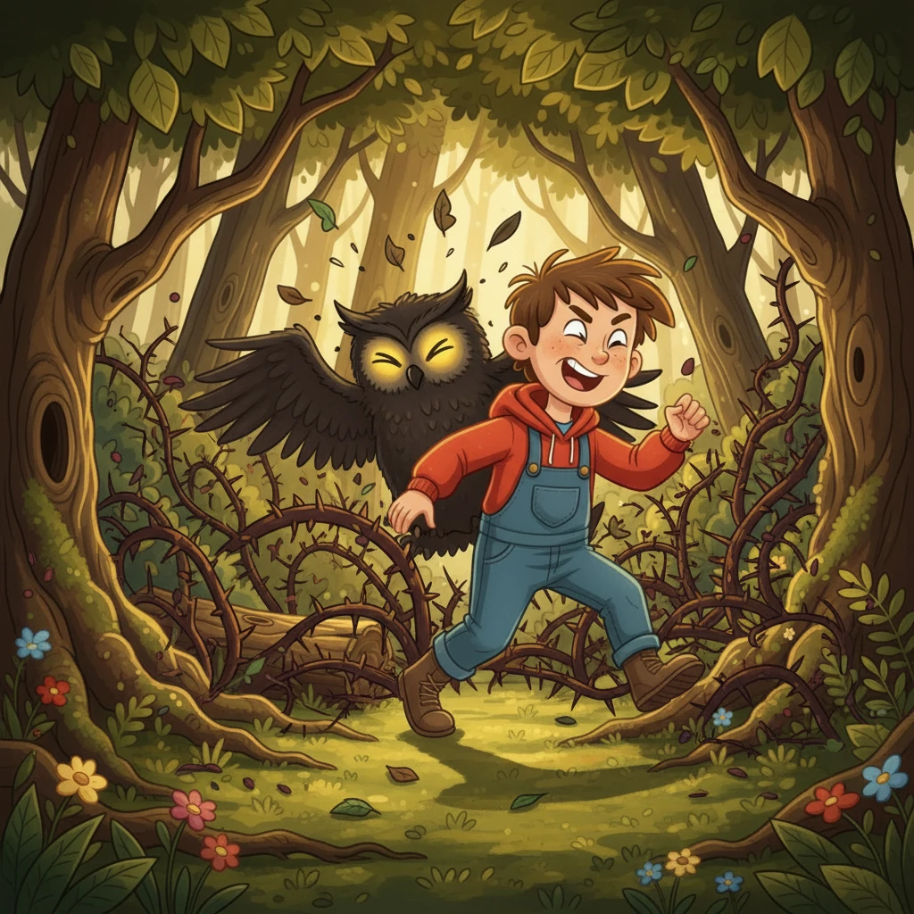 Shivaz led the Owl monster deeper into the woods, towards a hidden patch of thorny bushes. With a yell, he darted behind the bushes, causing the Owl to crash head-first into the prickly barrier. The monster, blinded and confused, lost its focus.