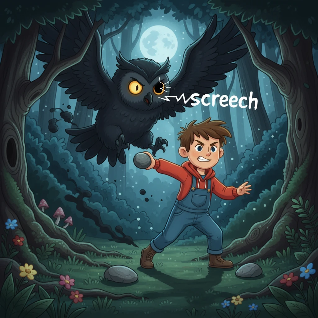 Seizing the opportunity, Shivaz gathered some smooth, round stones. He hurled them at the Owl, aiming for its glowing eyes. One stone hit its mark, and with a screech, the monster flapped away, disappearing into the darkness, defeated by his quick thinking and courage.