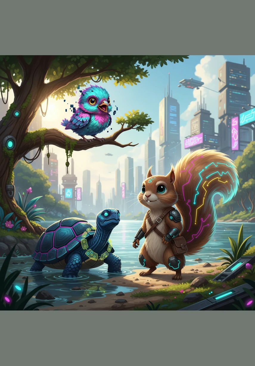 One sunny morning, Nutty stood by the riverbank, watching the water swirl and splash against the mossy stones. He stared at the lush green forest on the other side, wishing he was brave enough to see what treasures lay beyond the cold, deep water.