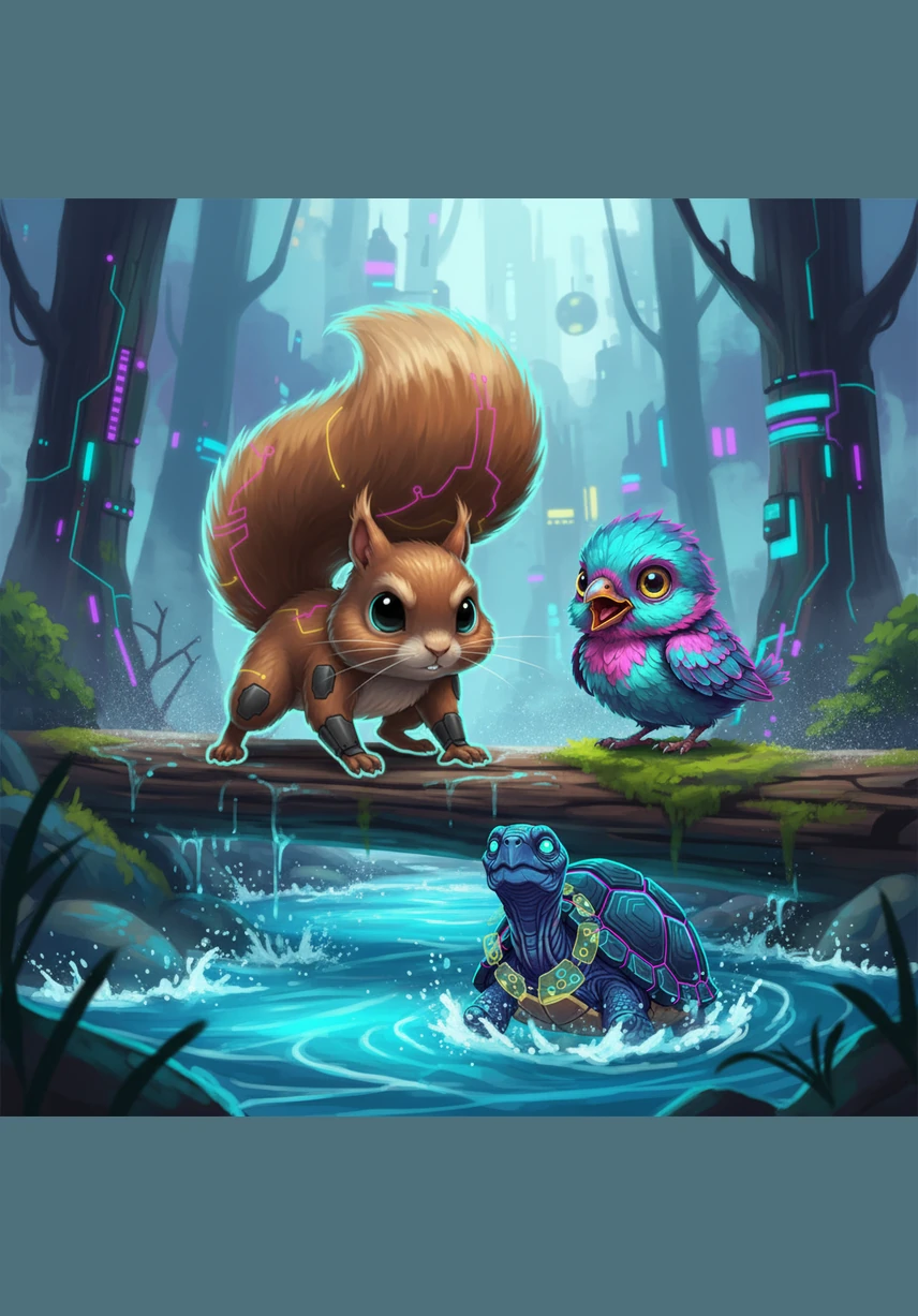 Taking a very deep breath, Nutty stepped onto the narrow log, balancing carefully with his long, bushy tail. The mist from the river sprayed his whiskers and the wood was slick, but he kept his eyes fixed on the little bird and didn't look down.