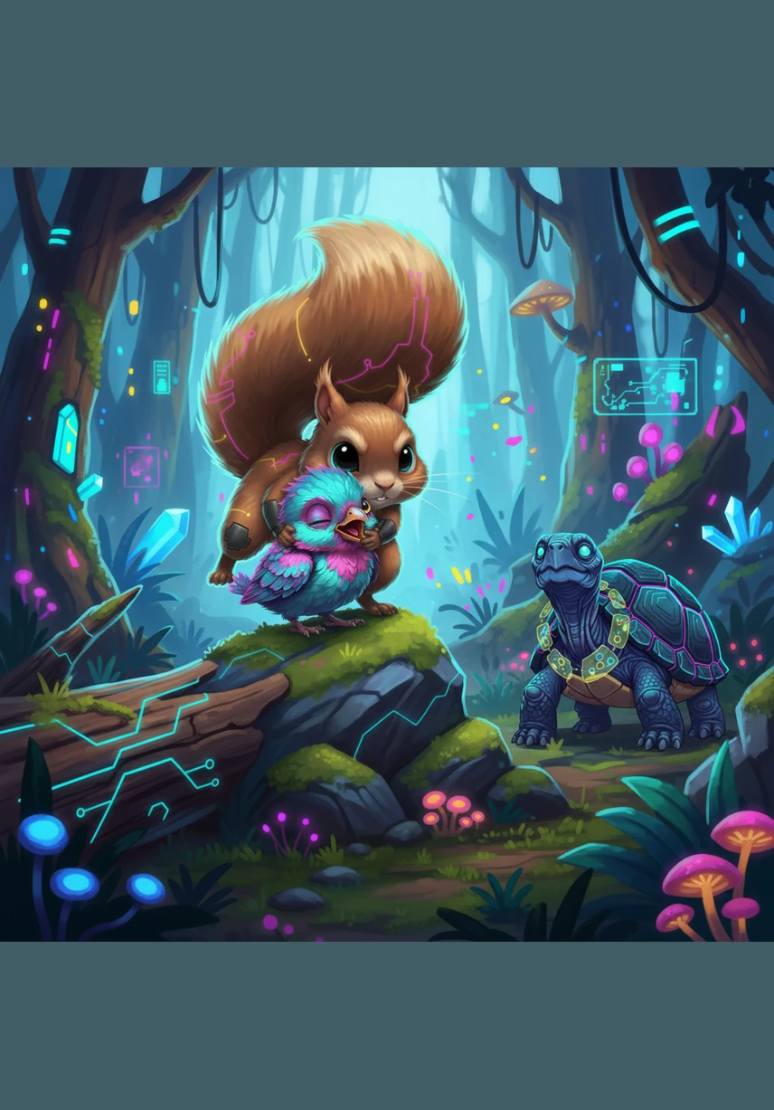 With one final, brave leap from the end of the log, Nutty reached the mossy rock and gently scooped the baby bird into his soft fur. The little bird stopped crying and snuggled close, feeling the warmth and safety of Nutty’s coat.