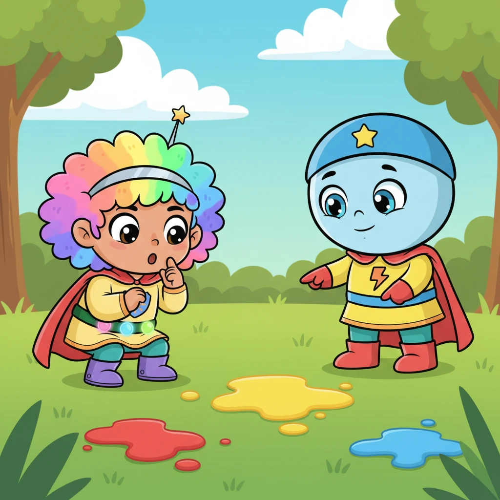 In the park, we stumbled upon a curious sight: blobs of vibrant red, sunny yellow, and ocean blue paint splattered across the green grass. "Who made this colorful mess?" I whispered, feeling a sense of mystery.