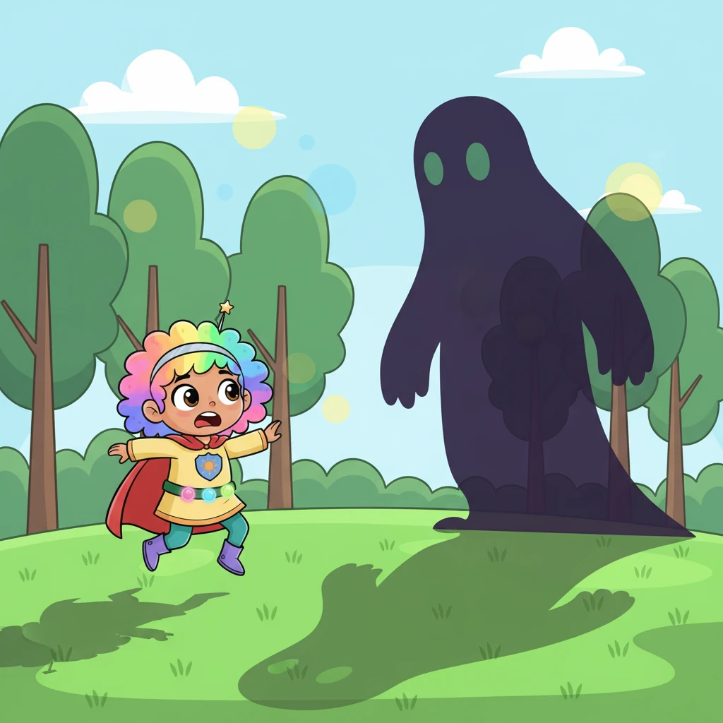 Suddenly, a giant, shadowy figure began to emerge from behind the tall, leafy trees. It was tall and dark, casting a long, eerie shadow over the bright grass.