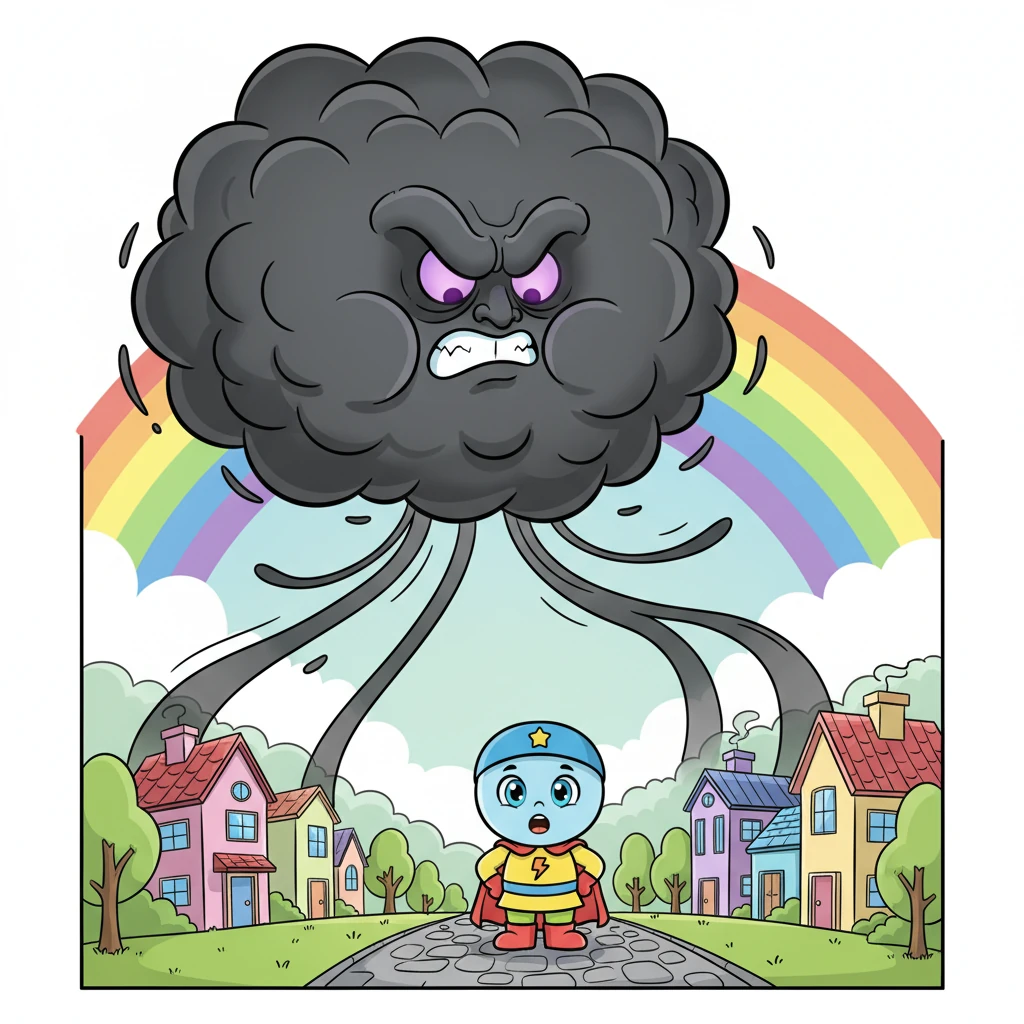 It was Shade! He was made of swirling black and gray, and his voice rumbled, "I will take all the beautiful color away from your town!" He truly did not like any color at all.