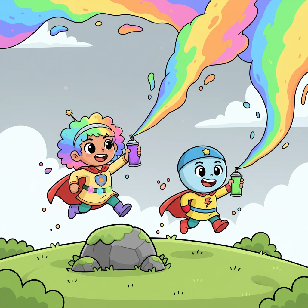 With a shout of "Go!" from May, we raced up a grassy hill, leaping playfully over a sturdy stone. Then, with great big smiles, we aimed our paint and sprayed glorious colors high into the gray sky.