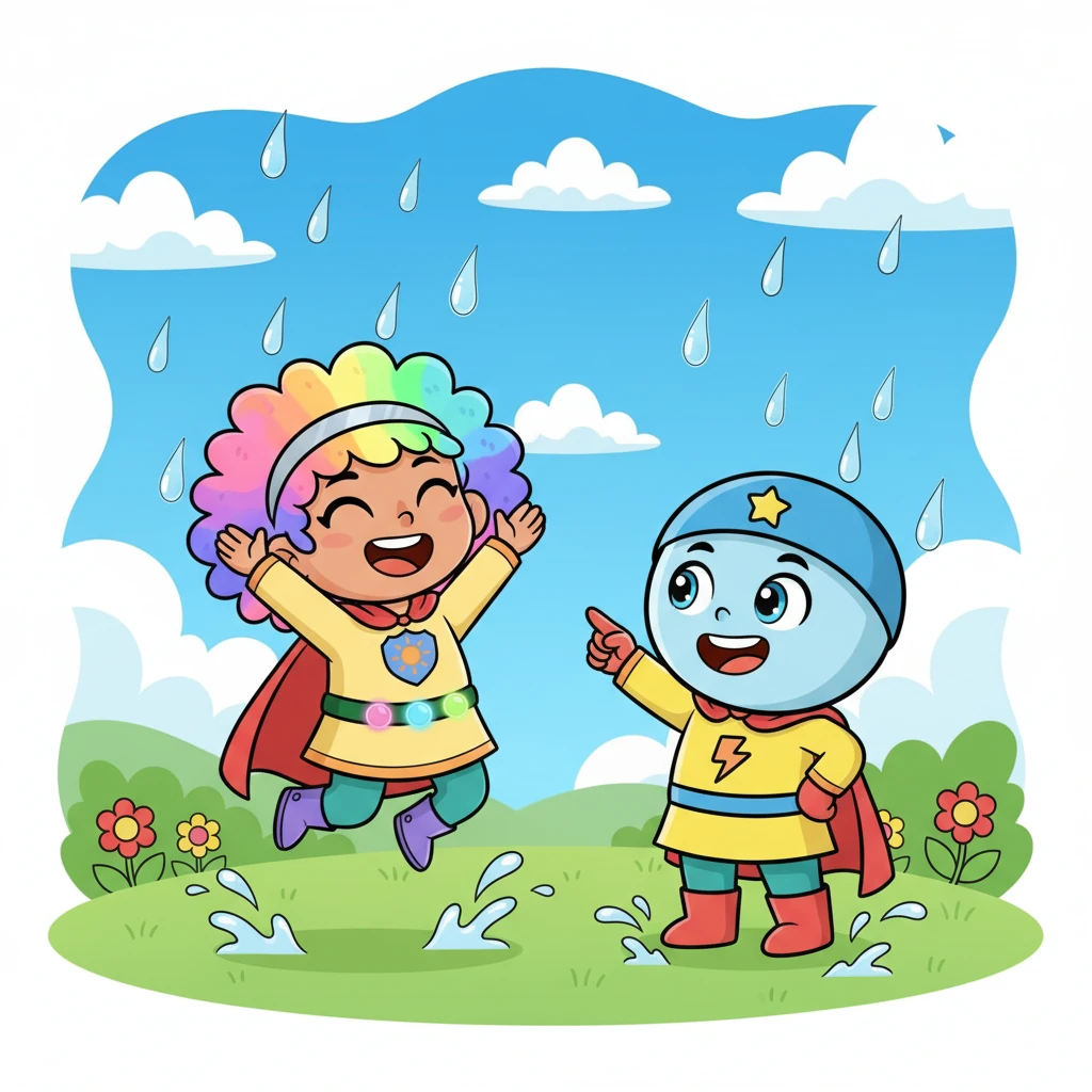 Magically, bright, clear rain began to fall, washing away the gray. Before our very eyes, the sky transformed, bursting into a brilliant, cheerful blue once more! All the children rushed outside, cheering "Thank you!"