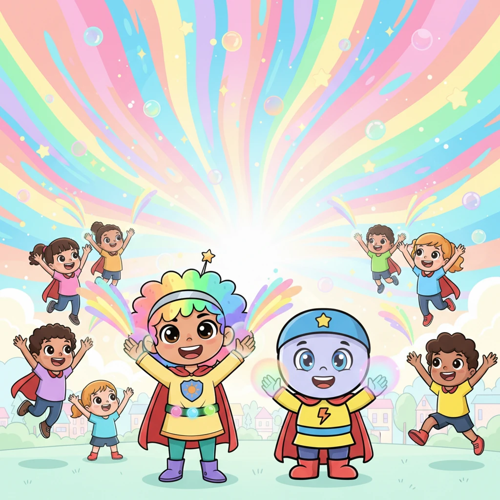 Shade watched the sky turn bright, and a small smile appeared on his shadowy face. "May I help make colors too?" he asked, surprising us all. "Yes!" we beamed, "We can all make color together!" Now our town is always bright, and we all help each other, always choosing what is good and right.