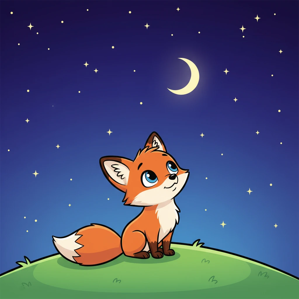 Meet Flicker, a little fox with a big, curious heart! Every night, he gazed at the stars, dreaming of a special bush that sparkled like tiny jewels. Flicker, a small, orange fox with wide, bright eyes and a bushy tail, sits on a grassy hillock, looking up at a sky full of twinkling stars. The background is a soft, deep blue night sky with a crescent moon. His expression is dreamy and full of wonder. Use vibrant blues, purples, and oranges, with bold, clean outlines.