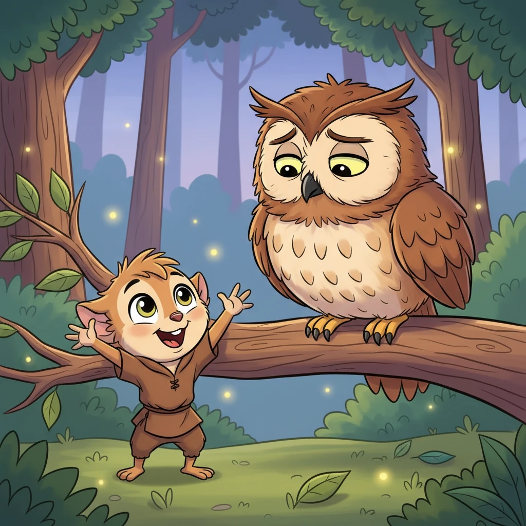 "Oh, Barnaby," Flicker whispered, "I want to find the legendary Sparkleberry Bush! They say it glows brighter than any star!" Barnaby, a wise old owl, blinked slowly, his feathers ruffled. Flicker stands excitedly in front of a large, friendly-looking owl named Barnaby, perched on a sturdy tree branch. Flicker is gesturing with his paws, eyes sparkling. Barnaby has large, thoughtful eyes and a slightly worried expression. The setting is a cozy forest clearing at dusk, with soft greens and browns, in a vibrant cartoon style.