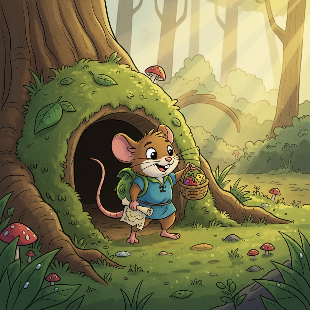 The next morning, Flicker packed a tiny backpack with snacks and a map he drew himself. "I'm off to find the Sparkleberry Bush!" he declared, his tail wagging with excitement. Flicker, wearing a tiny, green leaf backpack, stands at the edge of his cozy burrow, looking determined. Sunlight streams through the trees in the background, highlighting dew drops on leaves. His expression is bright and courageous, with exaggerated proportions and cheerful colors.