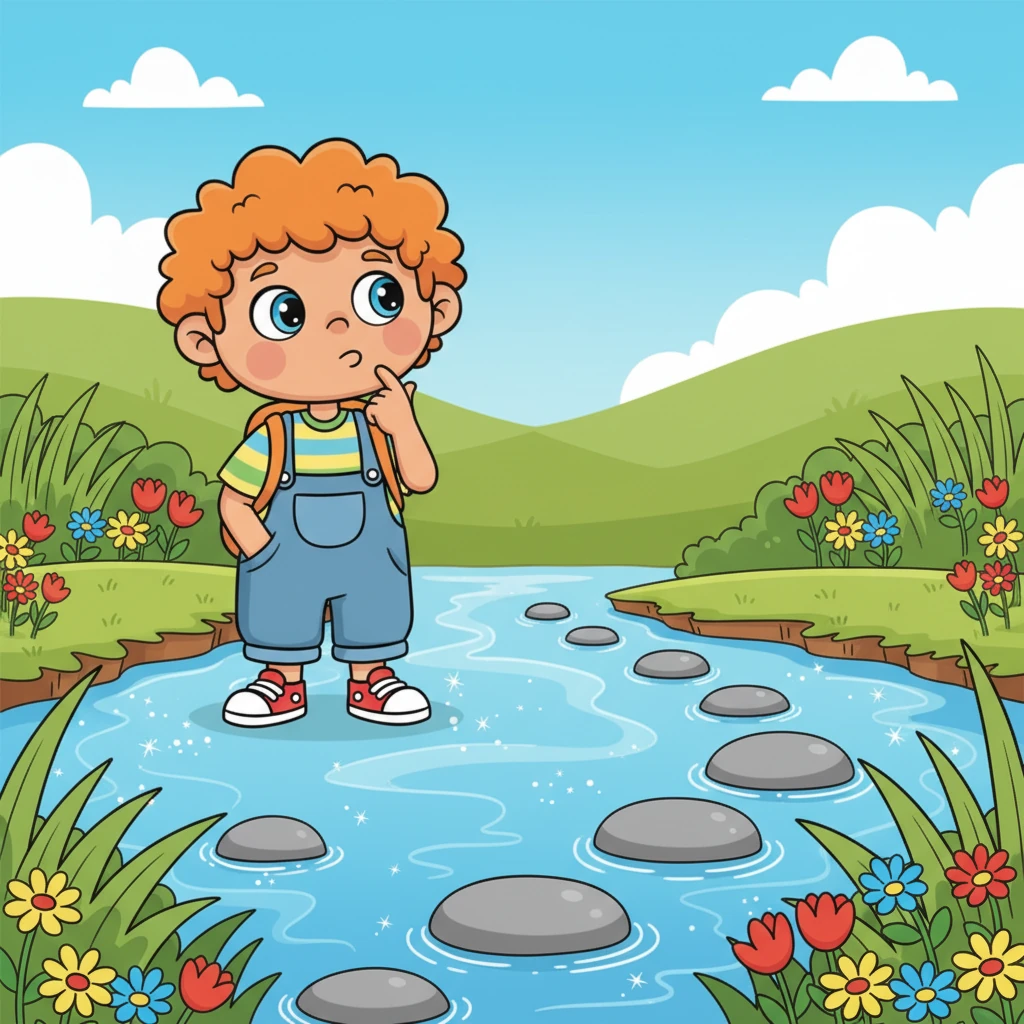 Soon, Flicker came to a wide, gurgling stream. "How will I cross?" he wondered, tapping his chin. He took a deep breath and looked around carefully, pondering his next move. Flicker stands at the edge of a sparkling blue stream, looking thoughtful. He's looking at a few stepping stones that are a bit far apart. Lush green plants and colorful wildflowers line the banks. His expression is thoughtful but not discouraged, in a lighthearted, friendly style.