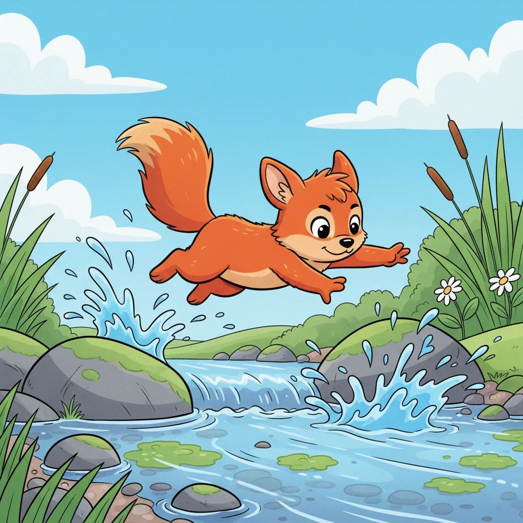 With a brave leap and a careful hop, Flicker bounced across the wobbly stones. Splash! He made it to the other side, his tail swishing with pride. Flicker is mid-air, jumping gracefully from one large, smooth stone to another across the stream. Water splashes playfully around his paws. His face shows concentration and a hint of a smile. Dynamic pose with bright, cheerful blues and greens dominating.