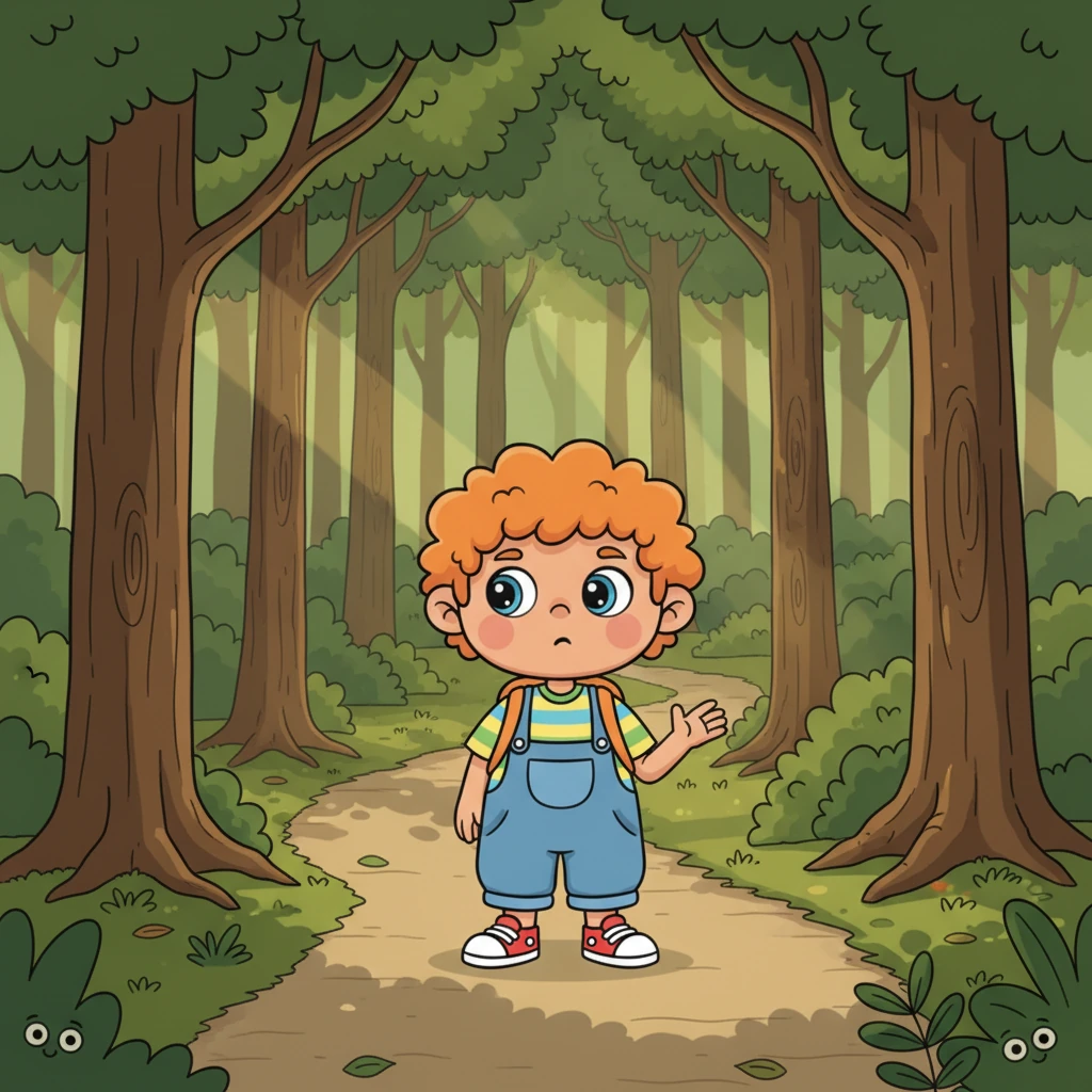 Deeper and deeper Flicker went, into the whispering woods. The trees grew tall and the shadows danced. "Am I going the right way?" he mumbled, feeling a tiny bit nervous. Flicker walks along a winding path in a slightly denser part of the forest. The trees are taller, casting longer, playful shadows. Sunlight filters through the canopy in dappled patches, creating a sense of mystery but not fear. His expression is a mix of curiosity and slight apprehension. Use deeper greens, browns, and soft yellows for light, with smooth, flowing lines.