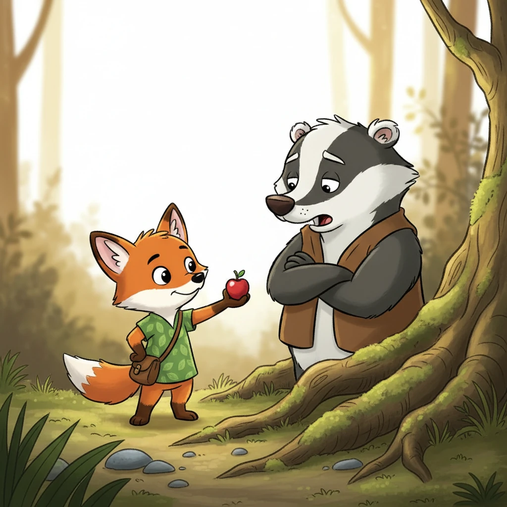 Suddenly, a grumpy old Badger popped out from behind a root! "Lost, little fox?" he grumbled. Flicker bravely offered him a shiny red berry from his bag. Flicker, holding out a shiny red berry, stands before a large, slightly gruff-looking Badger. The Badger has crossed arms but a softening expression as he looks at the berry. They are on a mossy path near a gnarled tree root. The mood is initially a bit tense but quickly becomes friendly. Warm, earthy tones with bold outlines.