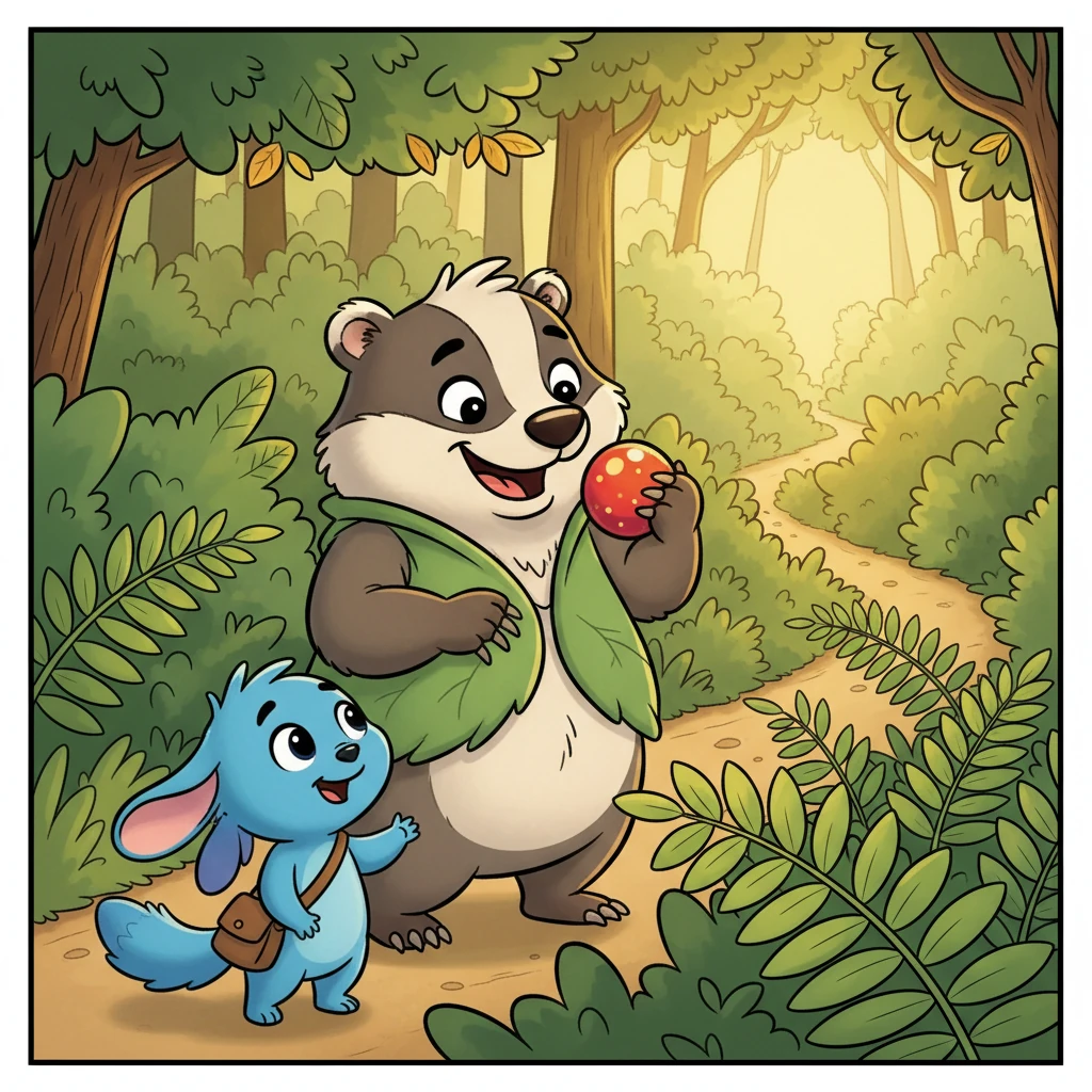 The Badger munched the berry and smiled. "The Sparkleberry Bush? Follow this secret path," he whispered, pointing with a gnarled claw. "It's just around the bend!" The Badger, now smiling, gestures with a paw towards a barely visible, winding path through some ferns. Flicker looks excited and grateful, his tail wagging. The background shows a hint of golden light ahead. The mood is hopeful and warm, with cheerful colors.
