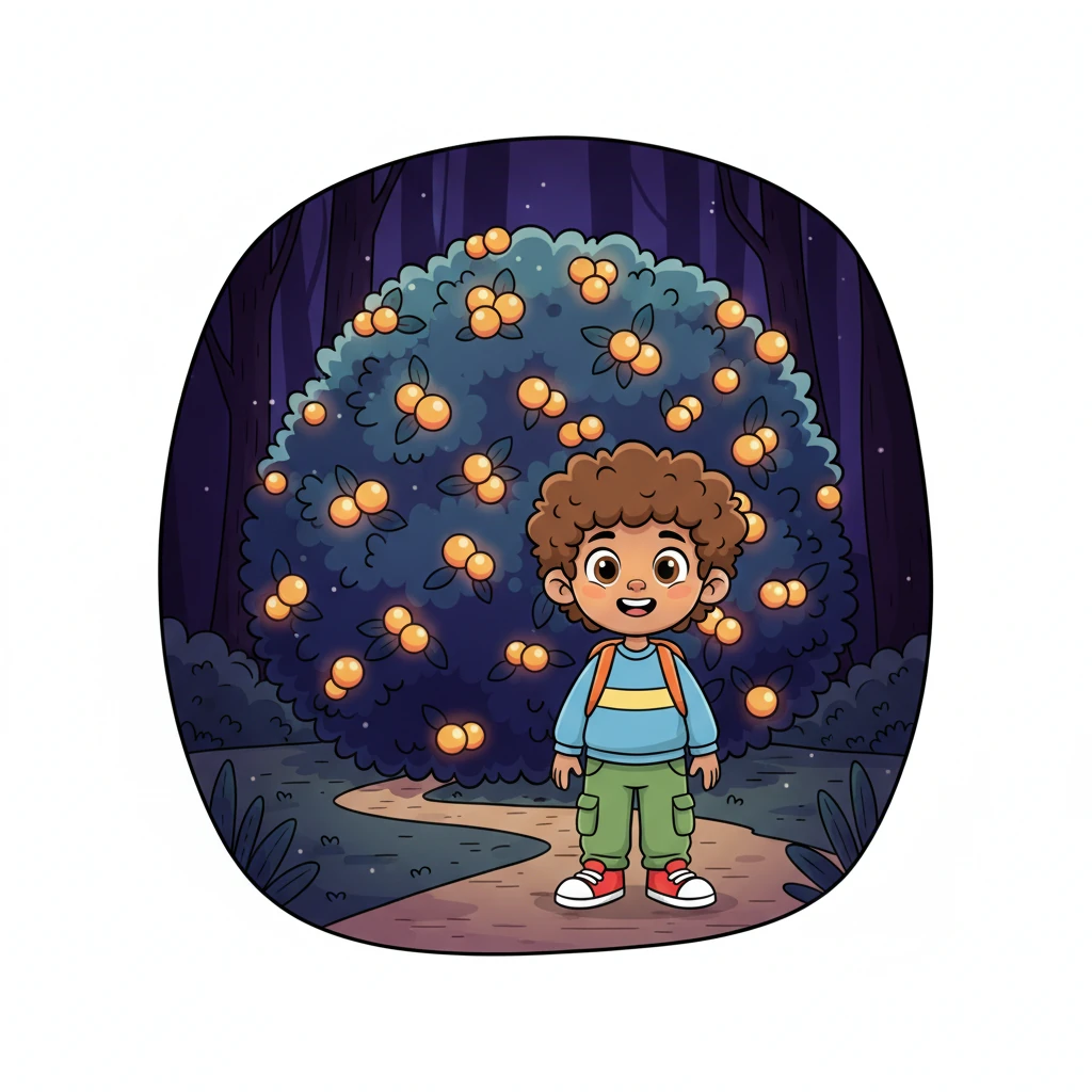 Flicker scampered along the path, and there it was! A magnificent bush, covered in berries that glowed with a soft, warm light. It was even more wonderful than his dreams. Flicker stands in awe before a large bush covered in glowing, jewel-like berries. The bush emits a soft, magical light that illuminates Flicker's face. The background is a dark, velvety forest, making the bush stand out. Flicker's eyes are wide with wonder and joy, in a whimsical, animated aesthetic.