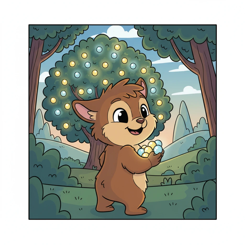 Flicker smiled. The true sparkle wasn't just in finding the bush, but in the brave journey and the friends he made. He carefully picked a few berries to share, his heart full. Flicker carefully holds a few glowing Sparkleberries in his paws, looking content and happy. He's turning to head back, a satisfied smile on his face. The Sparkleberry Bush is still visible in the background, casting a warm glow. The mood is peaceful and joyful, with vibrant colors and simplified features.