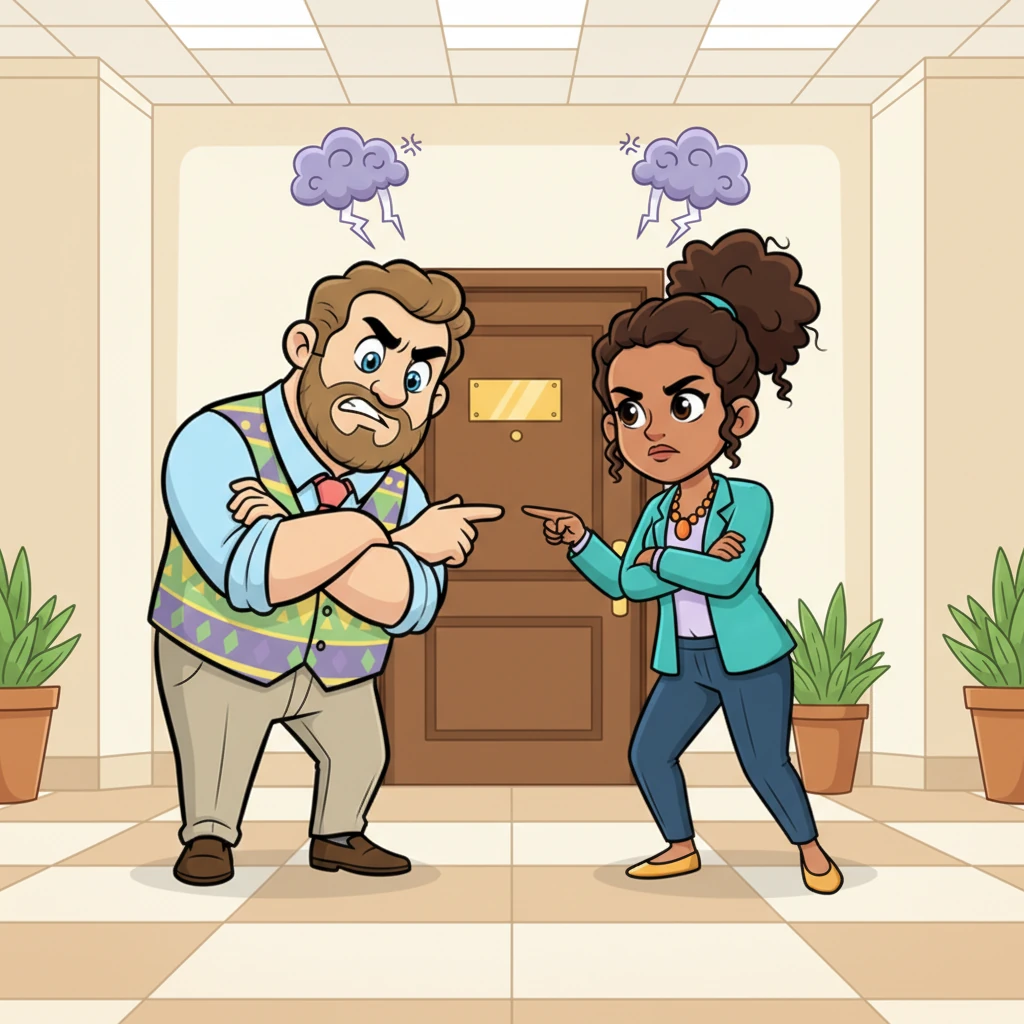 Keith, a tall man with a perpetually furrowed brow, and Haley, a spirited woman with a determined chin, stood nose-to-nose in the hallway. Their arms were crossed, their expressions a comical mix of stubbornness and exasperation, pointing dramatically at the closed door of the newly renovated corner office. Fluffy speech bubbles above their heads showed tiny, angry thunderclouds.