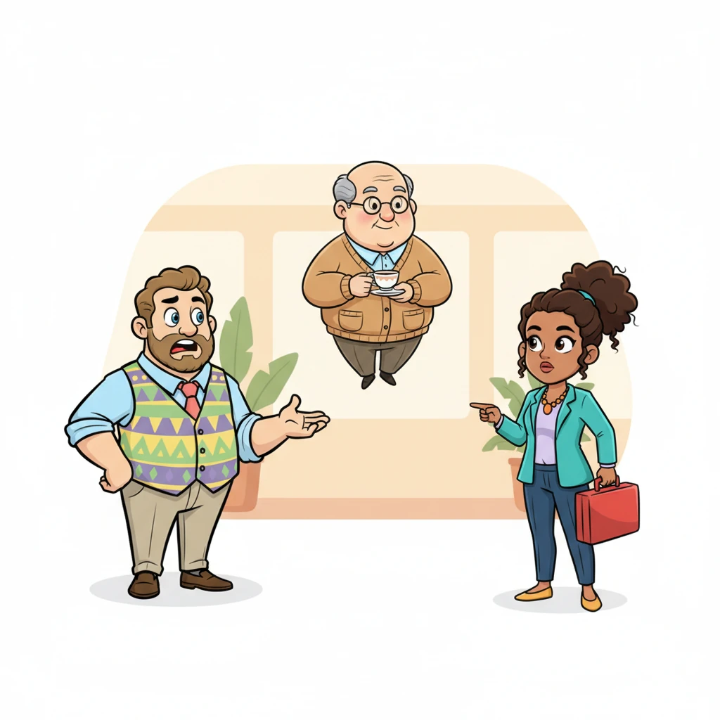 Just as their squabble reached a crescendo, a kindly figure named Barnaby shuffled into view, wearing a soft cardigan and a gentle, knowing smile. He had rosy cheeks and spectacles perched on his nose, holding a teacup as he observed the two department heads with calm curiosity. He seemed to float rather than walk, radiating a peaceful aura.