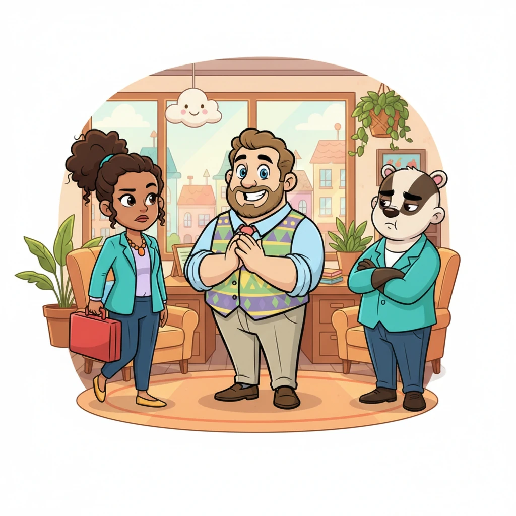 Barnaby gently clapped his hands, a sound like soft cushions, and suggested they take a deep breath. 'Let's talk about why you both want this lovely office, not just that you want it,' he proposed, his voice as smooth as warm honey. Keith still looked a bit like a grumpy badger, while Haley tapped her foot impatiently, but they listened.