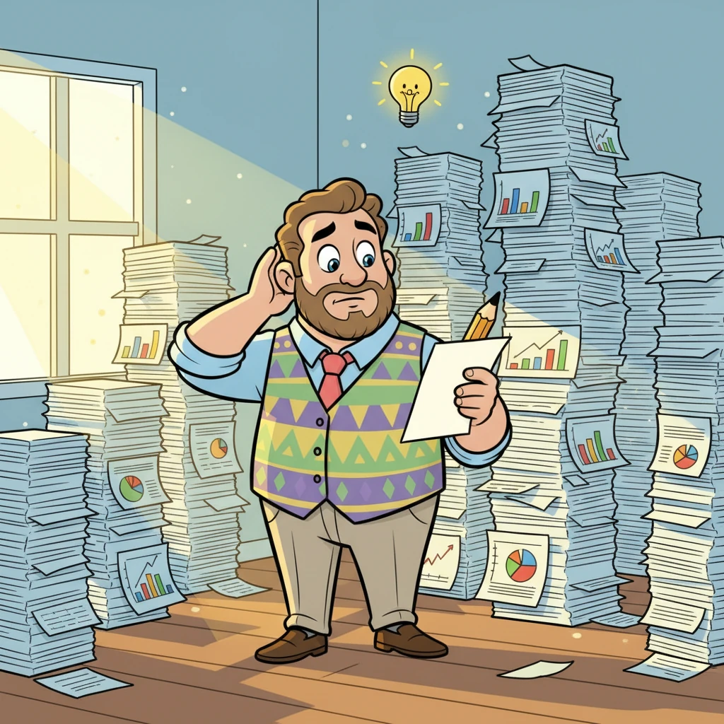 Keith, with a sigh, explained how he needed absolute quiet for crunching numbers and writing complex reports, and how the morning sun through the window sparked his best ideas. The illustration would show him surrounded by towering stacks of colorful graphs, a tiny lightbulb popping above his head as a sunbeam touches his face.