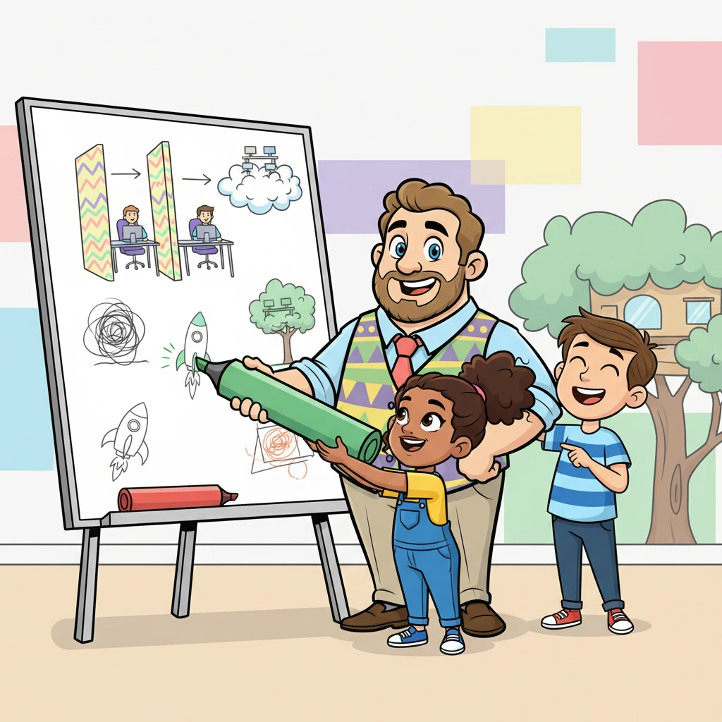 Barnaby led them to a giant whiteboard, handing them oversized markers in bright colors. 'Now, let's invent some options!' he chirped, encouraging them to draw all sorts of silly and sensible solutions. They sketched everything from a shared office with a giant divider to an office on a cloud, giggling as their creativity flowed.